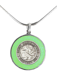 Silver St Christopher Medal - Light Green Rim