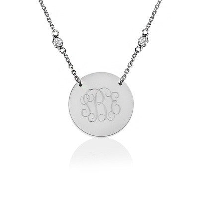 Basch Disc Necklace - Sterling Silver CZ Chain - FREE ENGRAVING!