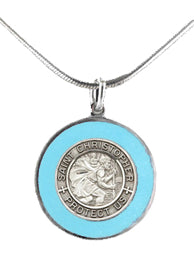 Silver St Christopher Medal - Light Blue Rim
